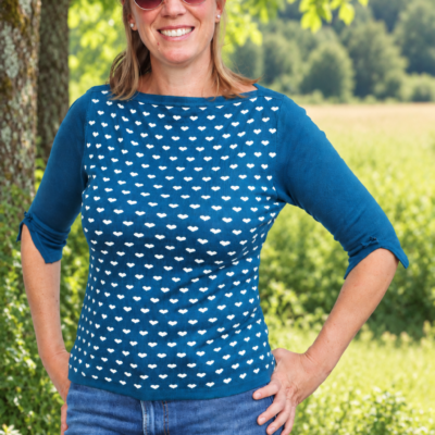 Pull rétro bleu pétrole – petits cœurs